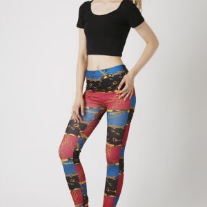 Fashion Leggings กางเกงเลกกิ้งขายาวลายวินเทจ - สีแดง+น้ำเงิน