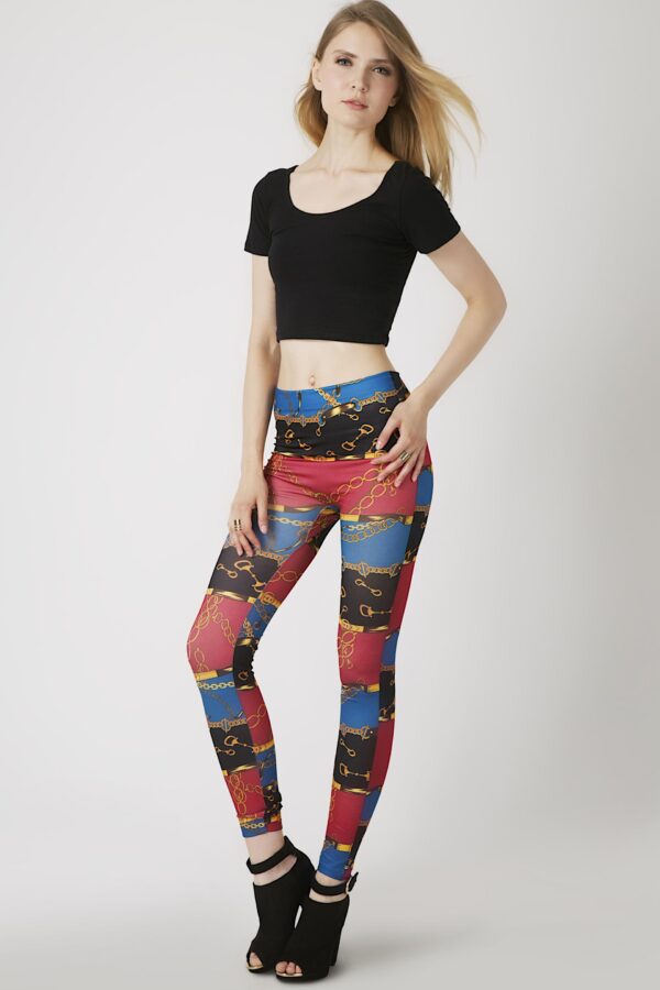 Fashion Leggings กางเกงเลกกิ้งขายาวลายวินเทจ - สีแดง+น้ำเงิน
