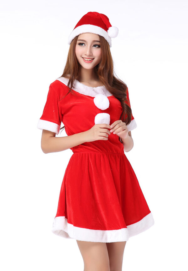 AllMerry Christmas Costume - ชุดซานตารีน่ากำมะหยี่สีแดง+ขาว แขนสั้นพร้อมหมวก - Image 4
