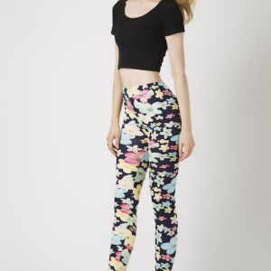 Fashion Leggings กางเกงเลกกิ้งขายาวลายดอกไม้ - สีดำ+ชมพูฮ๊อตพิ้งค์