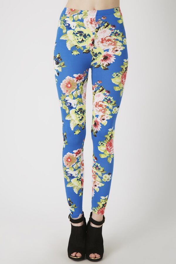 Fashion Leggings กางเกงเลกกิ้งขายาวลายกุหลาบ - สีฟ้า+ชมพู - Image 3