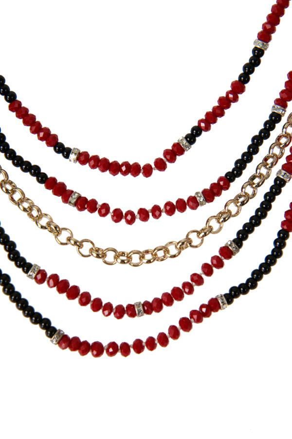 AllMerry Fashion Necklace สร้อยคอลูกปัดสีแดง+กลมดำนิล+โซ่ทองไล่ระดับ5เส้น - Image 2