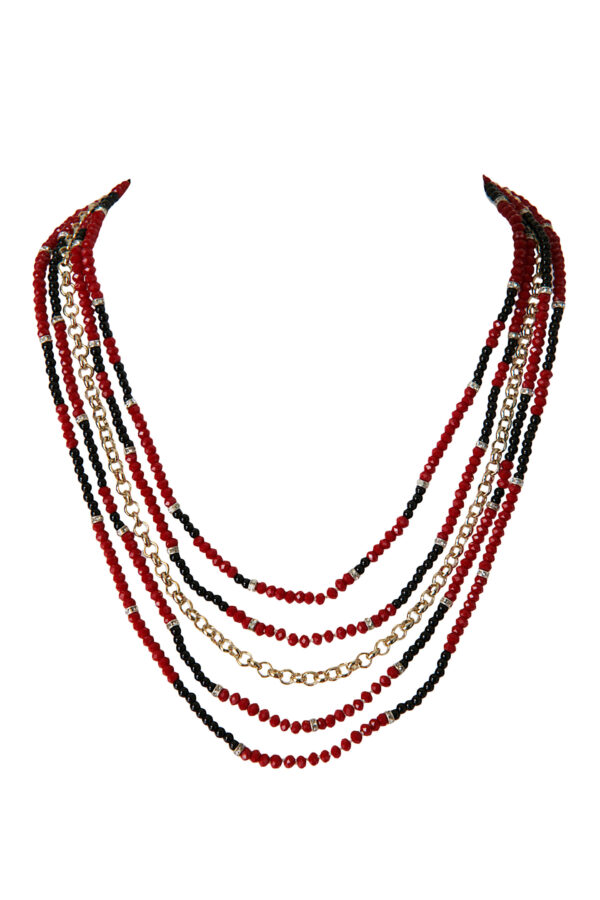 AllMerry Fashion Necklace สร้อยคอลูกปัดสีแดง+กลมดำนิล+โซ่ทองไล่ระดับ5เส้น