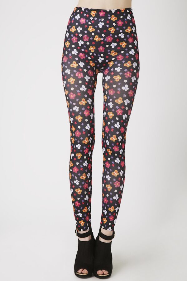 Fashion Leggings กางเกงเลกกิ้งขายาวลายดอกไม้ - สีดำ+แดง+ส้ม - Image 3