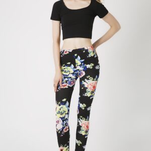 Fashion Leggings กางเกงเลกกิ้งขายาวลายกุหลาบ - สีดำ+ฟ้า