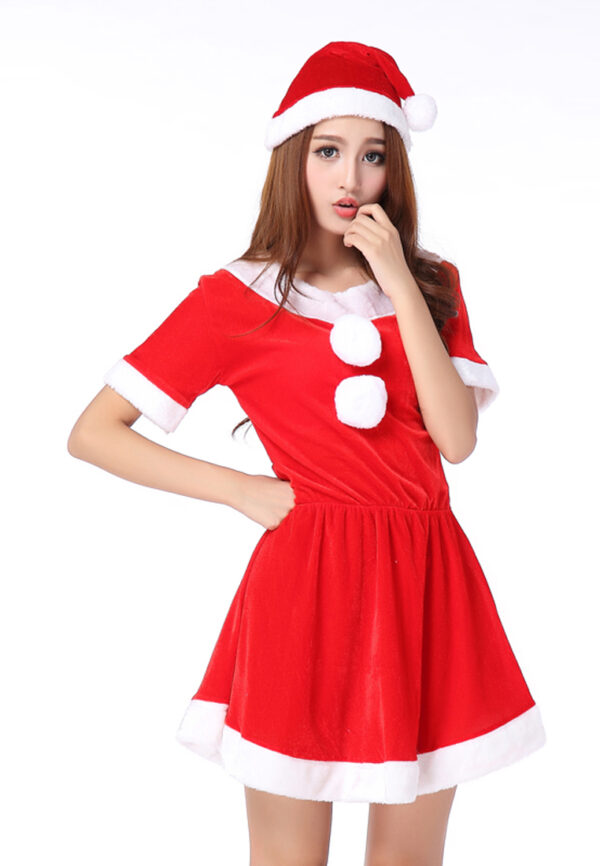 AllMerry Christmas Costume - ชุดซานตารีน่ากำมะหยี่สีแดง+ขาว แขนสั้นพร้อมหมวก - Image 6