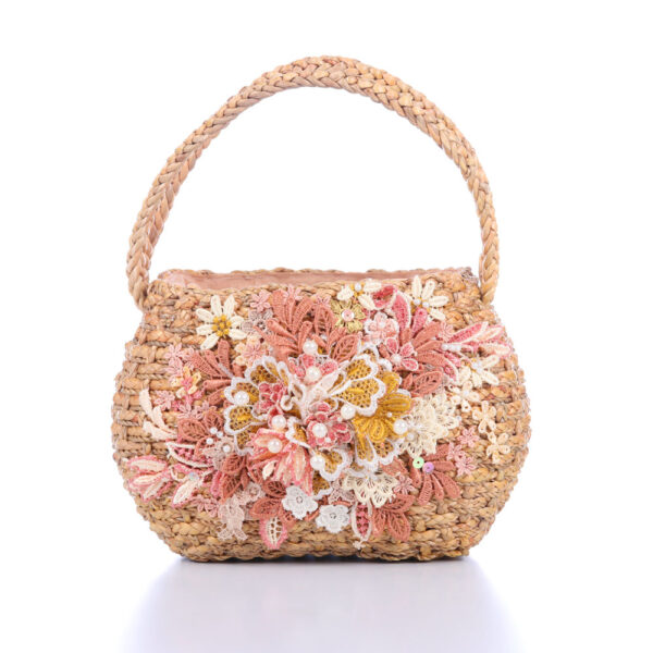 AllMerry Vintage Bag กระเป๋าสานประดับลุกไม้วินเทจ สีน้ำตาล