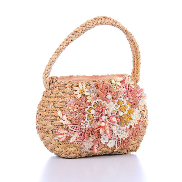 AllMerry Vintage Bag กระเป๋าสานประดับลุกไม้วินเทจ สีน้ำตาล - Image 3