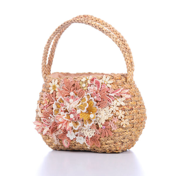 AllMerry Vintage Bag กระเป๋าสานประดับลุกไม้วินเทจ สีน้ำตาล - Image 4