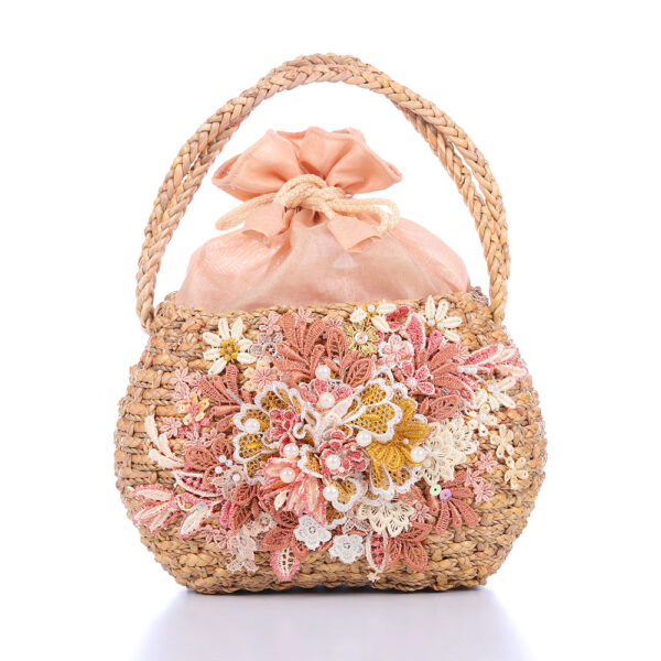 AllMerry Vintage Bag กระเป๋าสานประดับลุกไม้วินเทจ สีน้ำตาล - Image 8