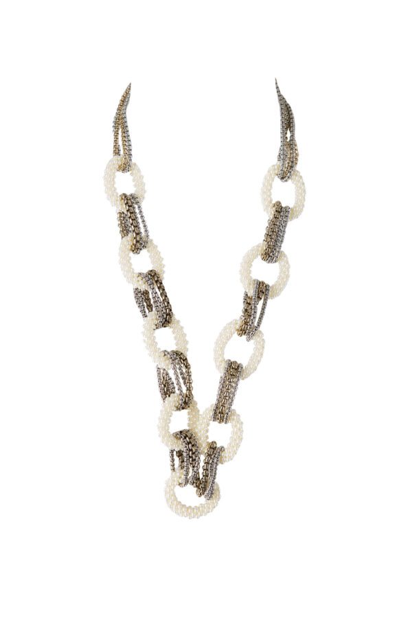 AllMerry Necklace สร้อยคอมาลัยไข่มุกแก้วขาวร้อยสลับโซ่RoundBox
