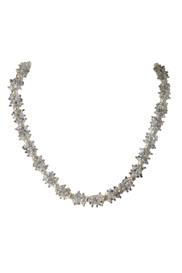 AllMerry Fashion Necklace สร้อยคอลูกปัดคริสตัลขาวใสเหลือบเงิน ร้อยปลายริบบิ้นเทาอ่อน
