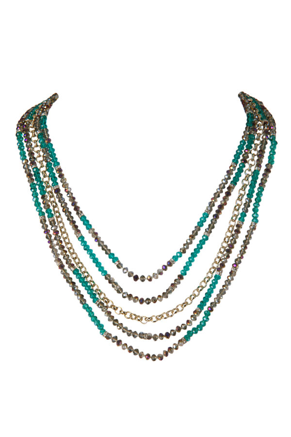 AllMerry Fashion Necklace สร้อยคอลูกปัดคริสตัลสีเขียว+เทาเหลือบรุ้ง+โซ่ทองไล่ระดับ5เส้น