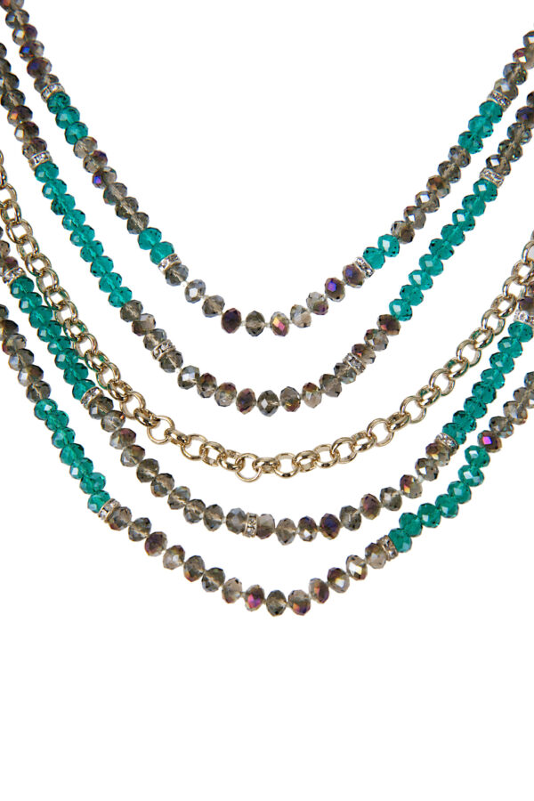 AllMerry Fashion Necklace สร้อยคอลูกปัดคริสตัลสีเขียว+เทาเหลือบรุ้ง+โซ่ทองไล่ระดับ5เส้น - Image 2