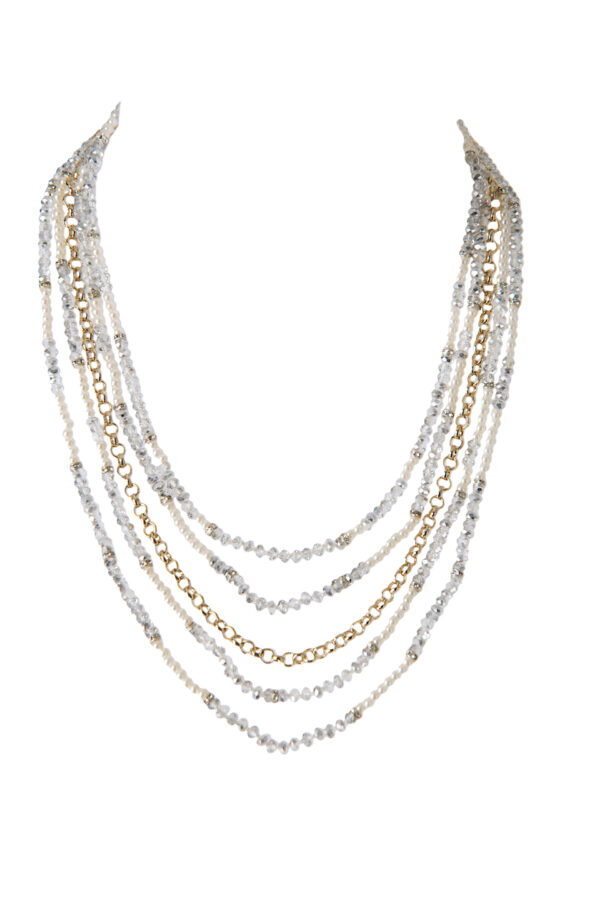 AllMerry Fashion Necklace สร้อยคอลูกปัดคริสตัลสีขาวใส+มุกแก้วขาว+โซ่ทองไล่ระดับ5เส้น
