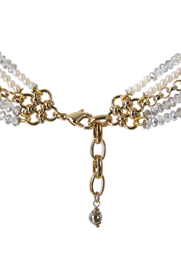 AllMerry Fashion Necklace สร้อยคอลูกปัดคริสตัลสีขาวใส+มุกแก้วขาว+โซ่ทองไล่ระดับ5เส้น - Image 3