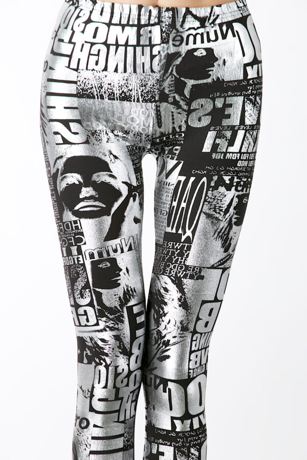 Fashion Leggings กางเกงเลกกิ้งขายาวลายตัวอักษร - Black&Silver - Image 2