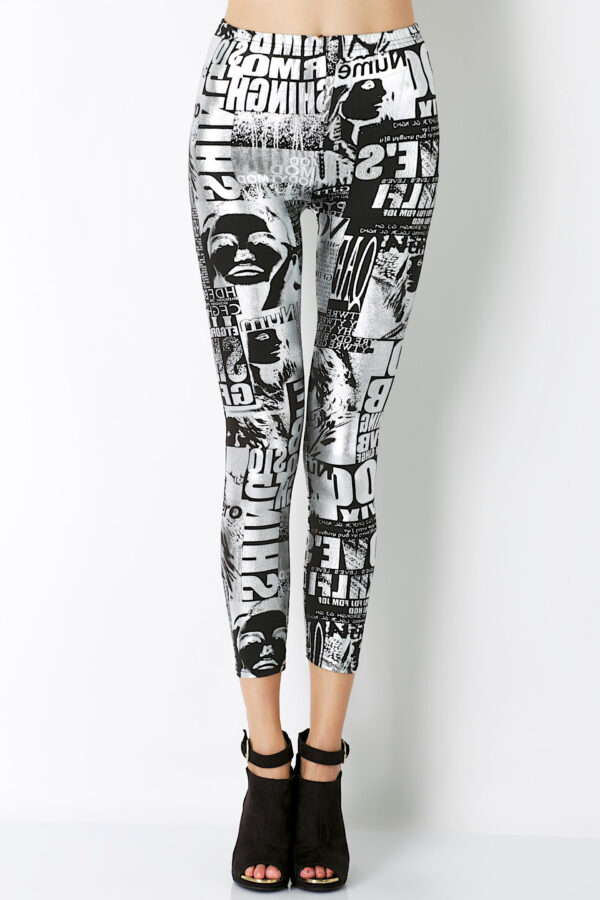 Fashion Leggings กางเกงเลกกิ้งขายาวลายตัวอักษร - Black&Silver - Image 3