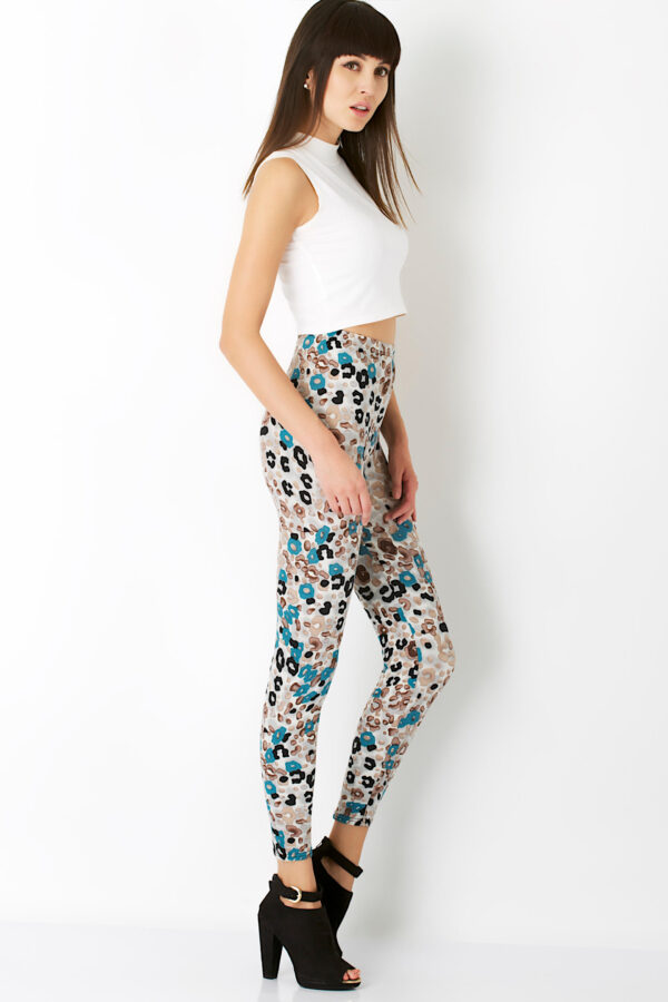 AllMerry Fashion Leggings กางเกงเลกกิ้งแฟชั่น ขายาวลายเสือดาว - White&Turquoise&Black