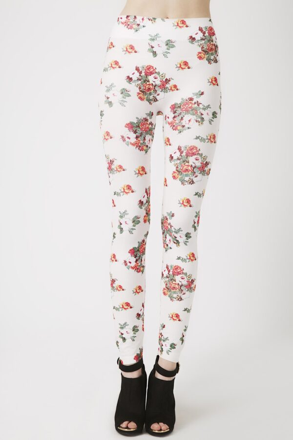 Fashion Leggings กางเกงเลกกิ้งขายาวลายกุหลาบ - สีขาว+แดงเข้ม - Image 3