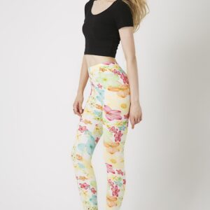 Fashion Leggings กางเกงเลกกิ้งขายาวลายดอกไม้ - สีขาวน้ำนม+ชมพูฮ๊อตพิ้งค์