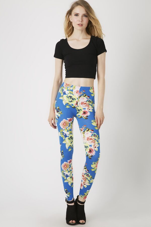 Fashion Leggings กางเกงเลกกิ้งขายาวลายกุหลาบ - สีฟ้า+ชมพู