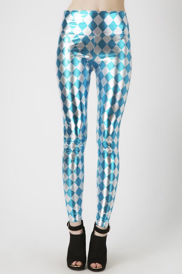 Fashion Leggings กางเกงเลกกิ้งขายาวลายข้าวหลามตัด - สีเงิน+ฟ้าอมเขียว - Image 3