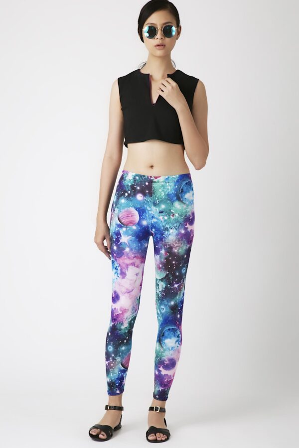 Fashion Leggings กางเกงเลกกิ้งขายาวลายแกแล็คซี่ - สีเขียว+ชมพู