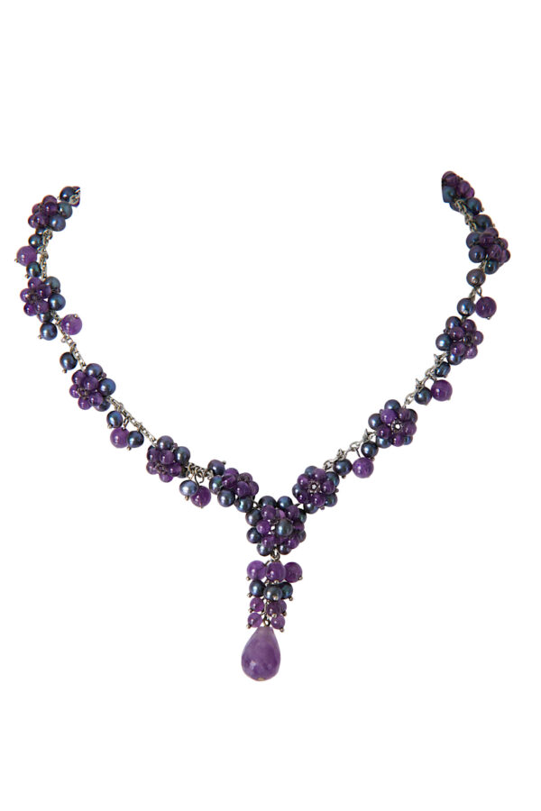 AllMerry Fashion Necklace สร้อยคอลูกปัดหิน Amethyst แท้ + มุกแก้ว