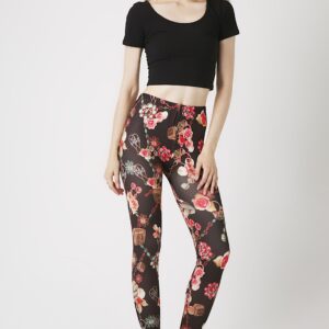 Fashion Leggings กางเกงเลกกิ้งขายาวลายกุหลาบ - สีดำ+แดง(บาง)