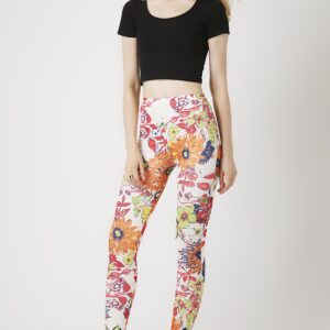 Fashion Leggings กางเกงเลกกิ้งขายาวลายดอกไม้ - สีขาว+ส้ม