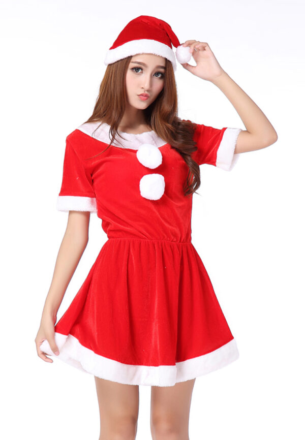 AllMerry Christmas Costume - ชุดซานตารีน่ากำมะหยี่สีแดง+ขาว แขนสั้นพร้อมหมวก - Image 5