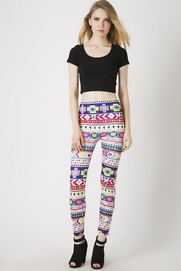 Fashion Leggings กางเกงเลกกิ้งขายาวลายลายแอซเท็ค - สีขาว+แดง