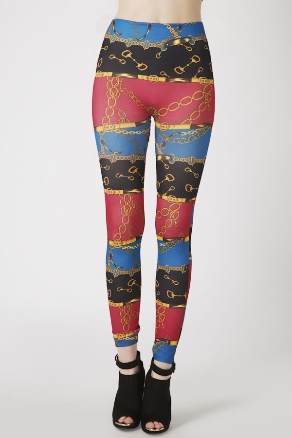 Fashion Leggings กางเกงเลกกิ้งขายาวลายวินเทจ - สีแดง+น้ำเงิน - Image 3
