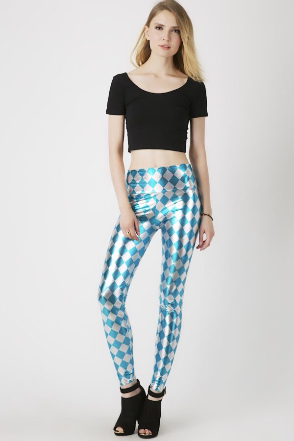 Fashion Leggings กางเกงเลกกิ้งขายาวลายข้าวหลามตัด - สีเงิน+ฟ้าอมเขียว