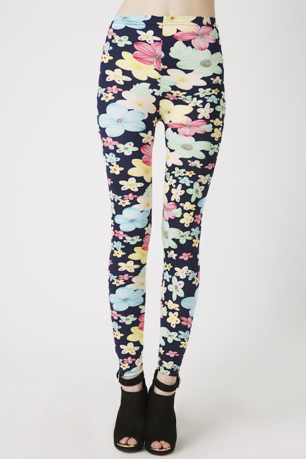 Fashion Leggings กางเกงเลกกิ้งขายาวลายดอกไม้ - สีดำ+ชมพูฮ๊อตพิ้งค์ - Image 3