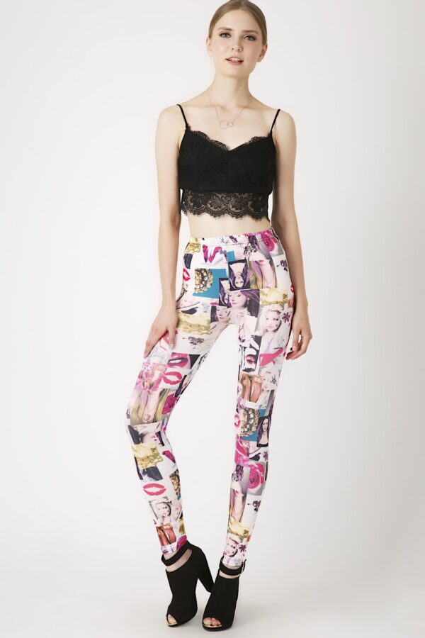 Fashion Leggings กางเกงเลกกิ้งขายาวลายเลดี้ - สีขาว+ชมพูฮ๊อตพิ้งค์